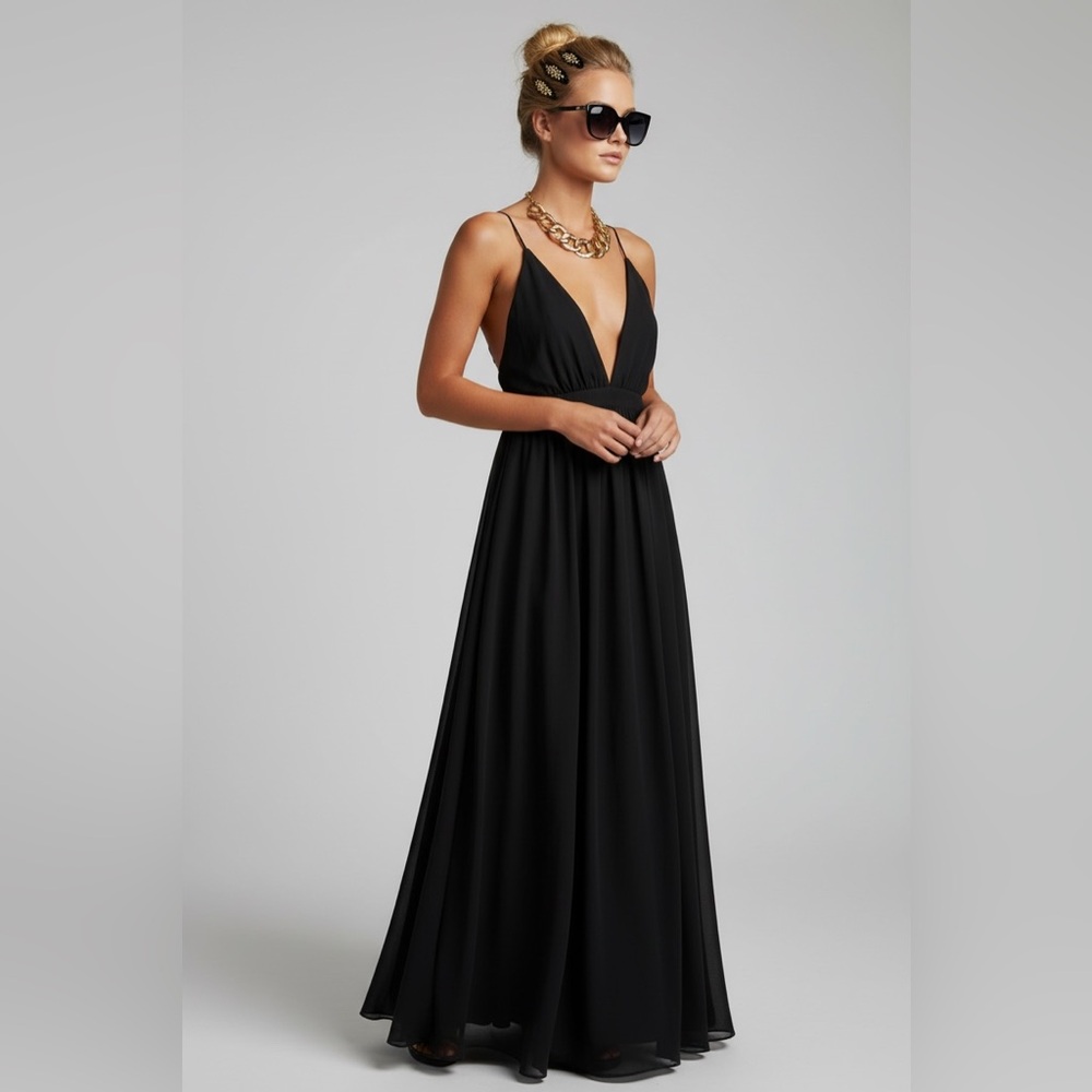 Forever 21 Maxi Dress Plunging Neckline Crisscross‎ Back Black S/P